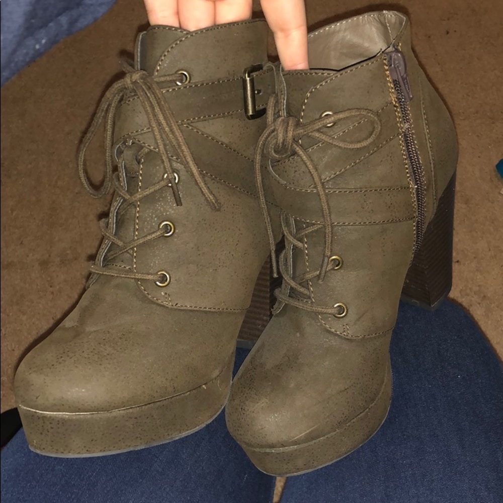 Olive Green High Heel Lace Up Boots